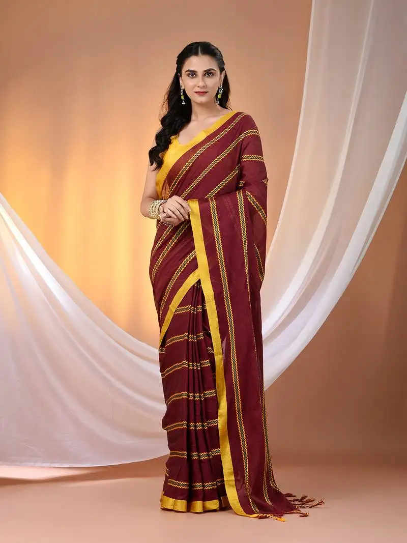 Maroon cotton handspun soft saree with ziczac pattern