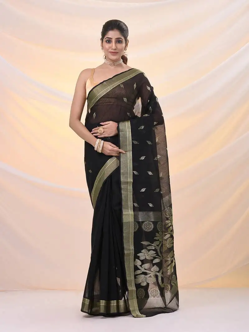 Black silk cotton jamdani saree with woven designs