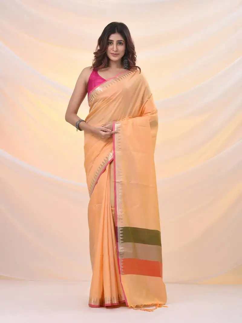 Yellow silk blend soft saree with temple zari border