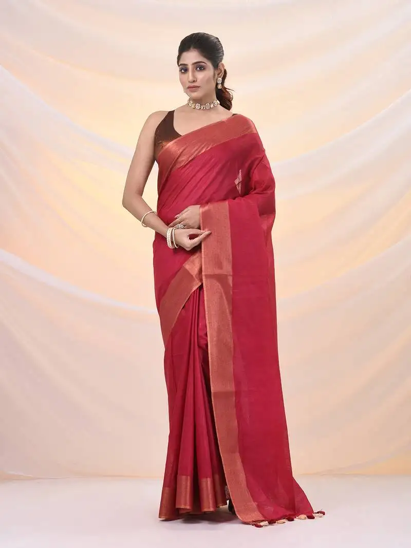 Magenta silk blend soft saree with zari borders