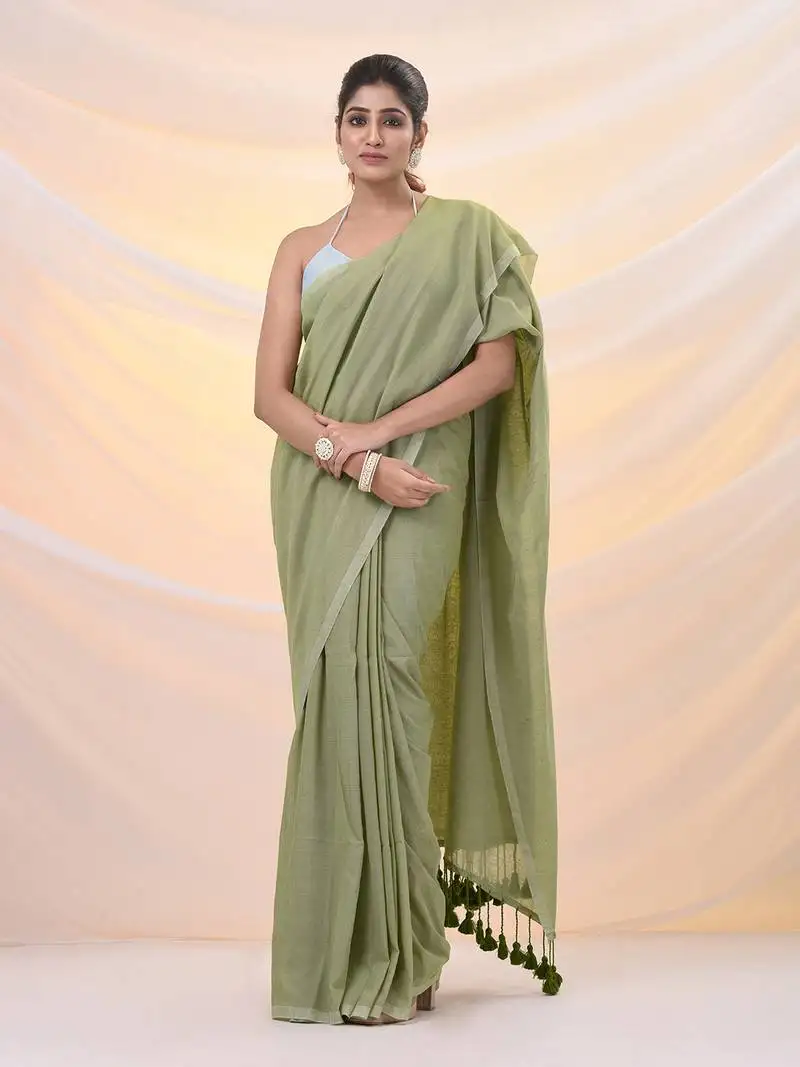 Green cotton handwoven soft saree with pompom