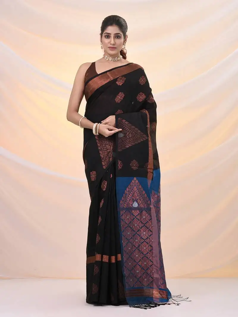 Black cotton blend saree with nakshi designs