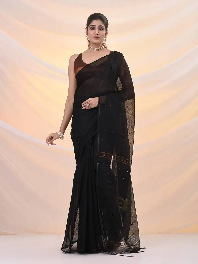 Black cotton blend saree with sequin work