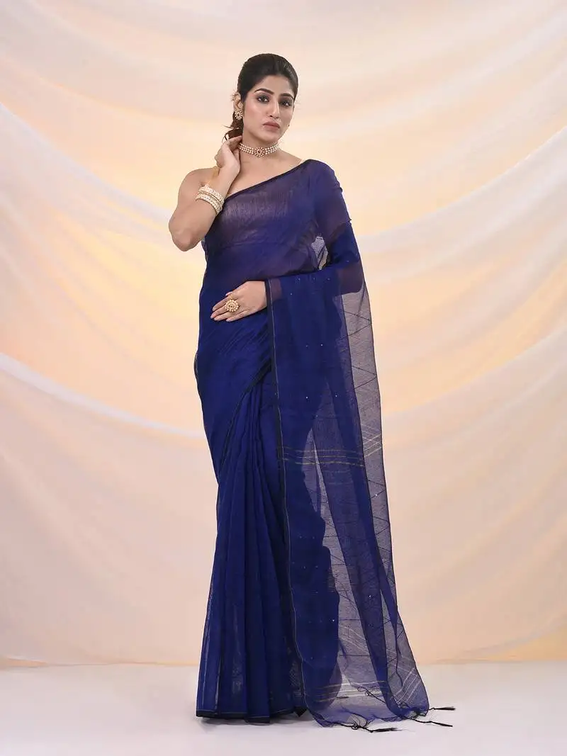 Blue cotton blend saree with sequin work