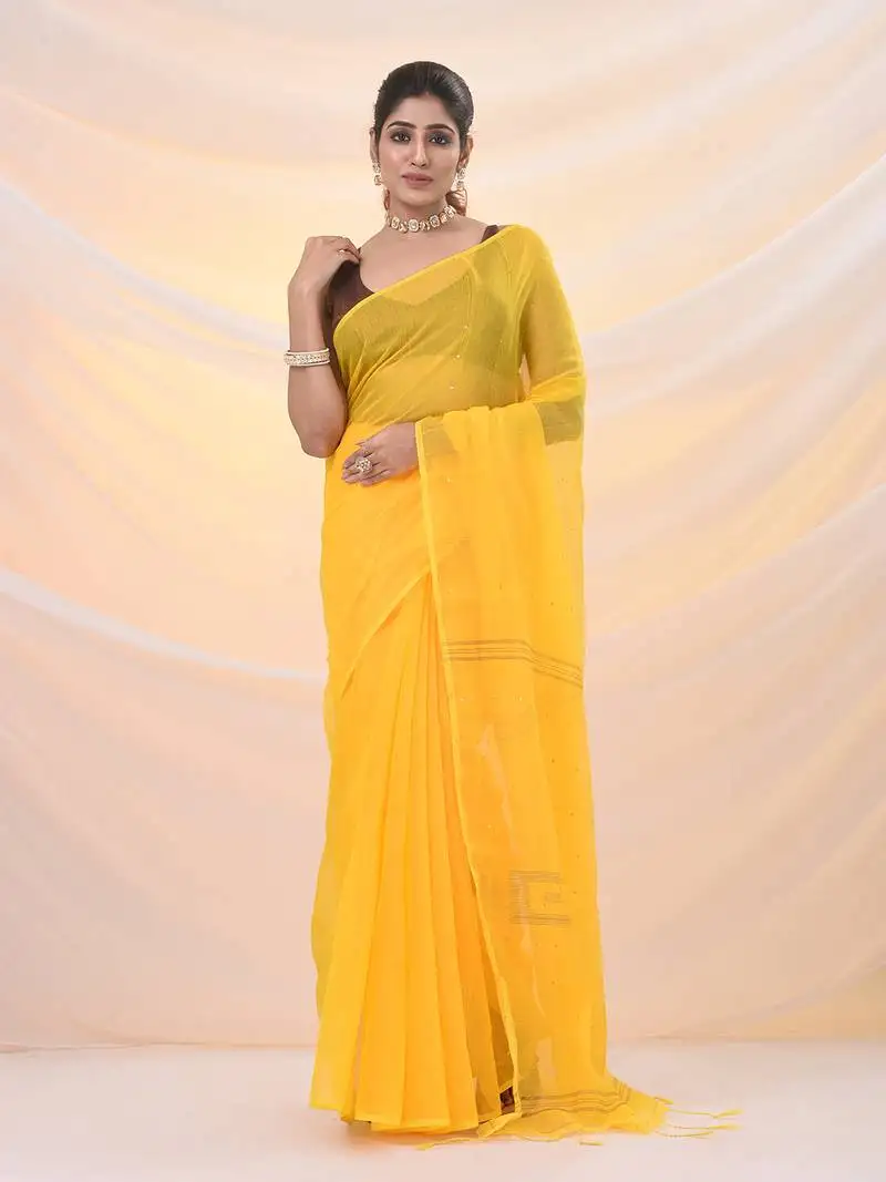 Yellow cotton blend saree with sequin work