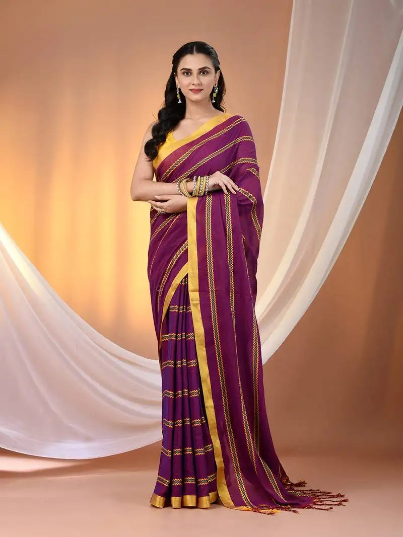 Purple cotton handspun soft saree with ziczac pattern