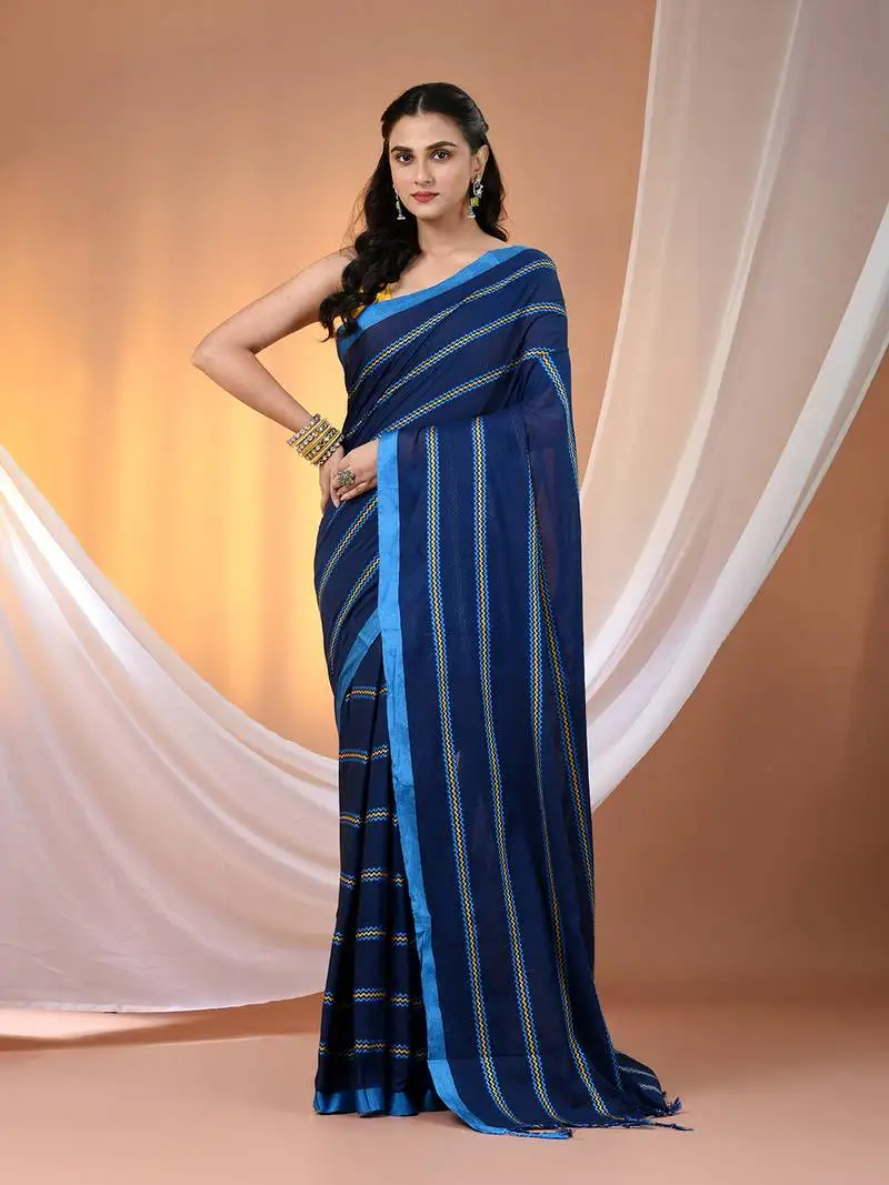 Midnight blue cotton handspun soft saree with ziczac pattern