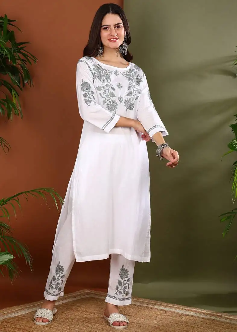 Floral embroidered chikankari straight pure cotton white & grey kurta with palazzos stitched