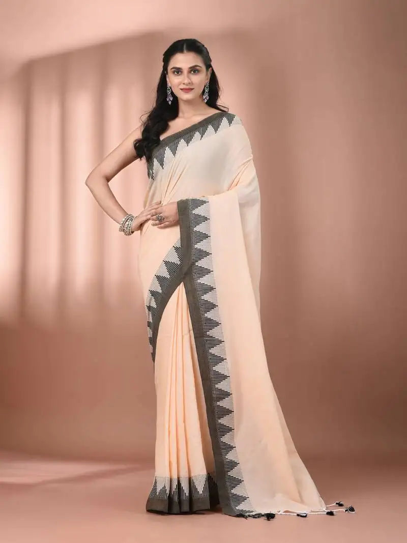 Beige cotton handspun soft saree with tample borders