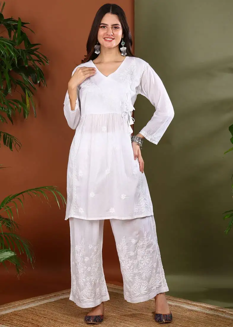 White cotton angrakha kurta with dori tie up & palazzos set stitched