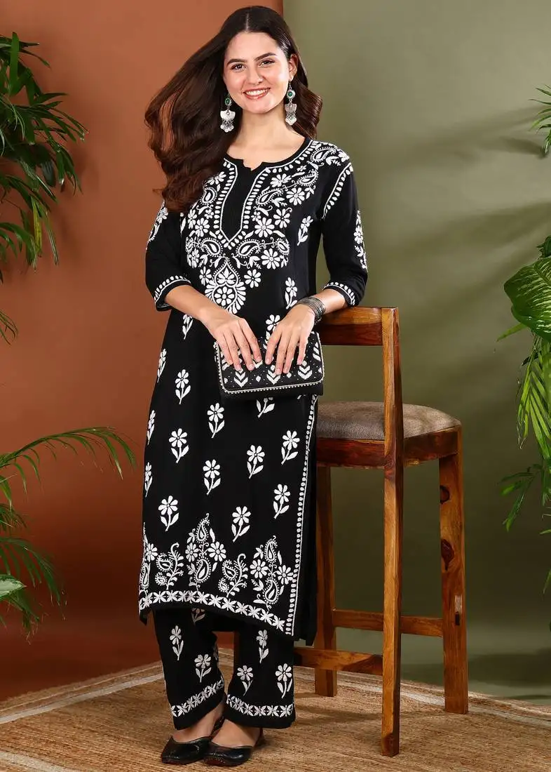 Ethnic motif embroidered chikankari black rayon kurta with palazzos stitched