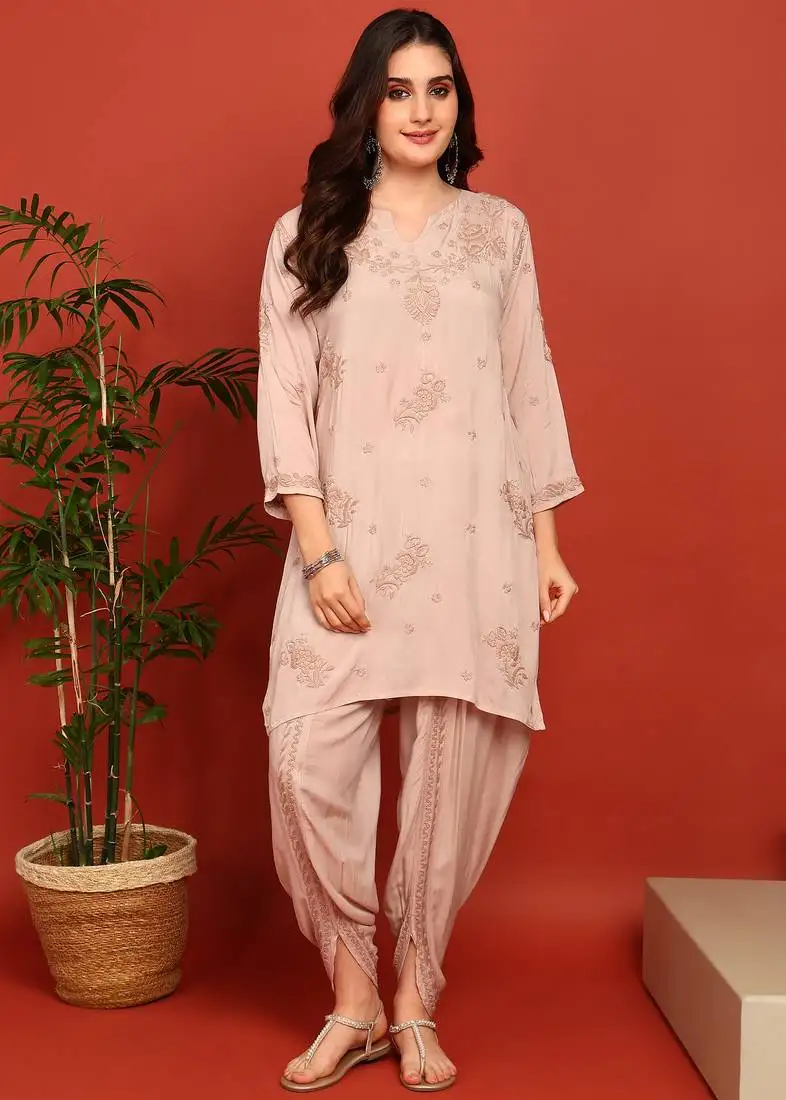 Women's dusty beige authentic chikankari ethnic motif modal kurta with dhoti pants stitched