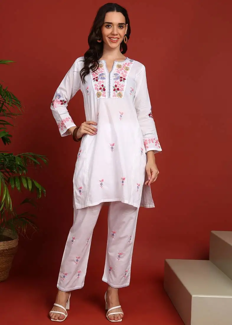 Women's elegant white handcrafted cotton chikankari ethnic motif kurta set stitched