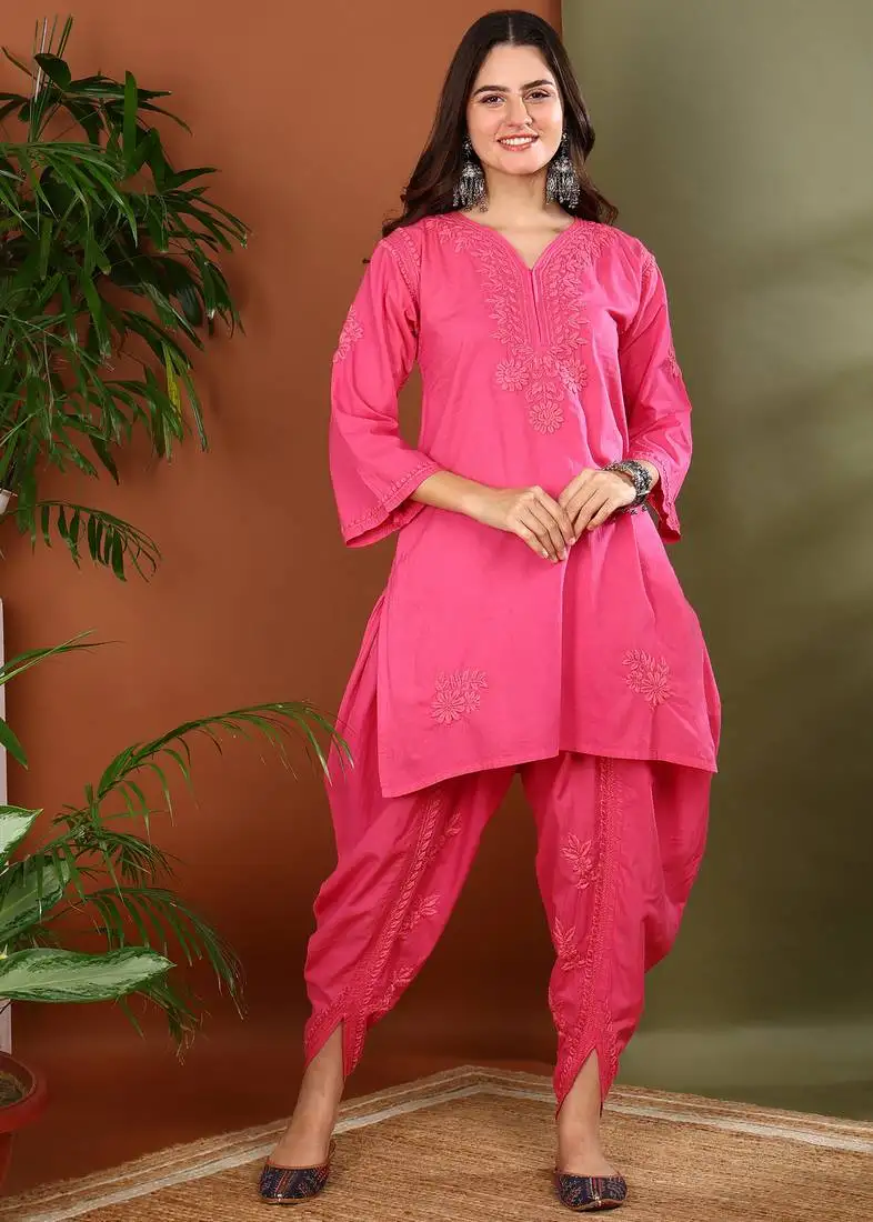 Women pink cotton chikankari kurta with dhoti pants hand embroidered ethnic set stitched