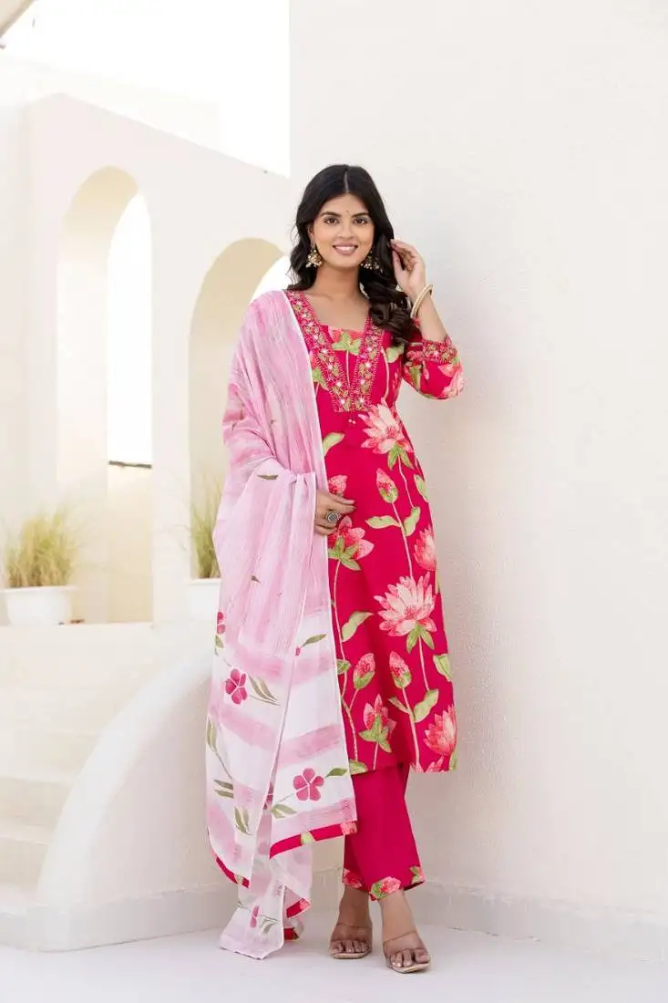 Pink women floral printed aline kurta pant with dupatta set