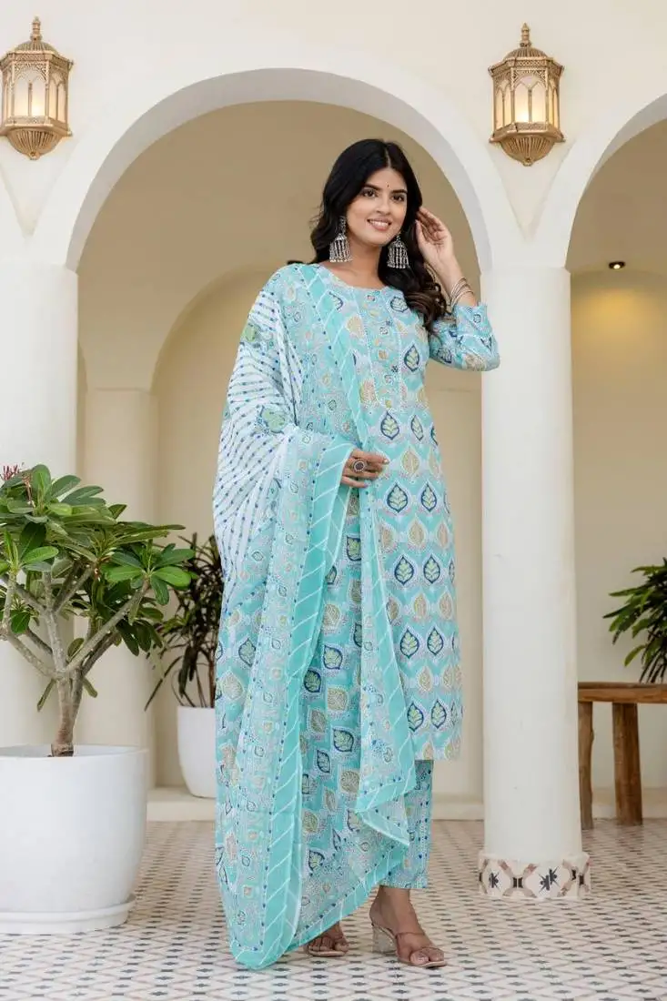 Light blue women floral printed aline kurta pant with dupatta set