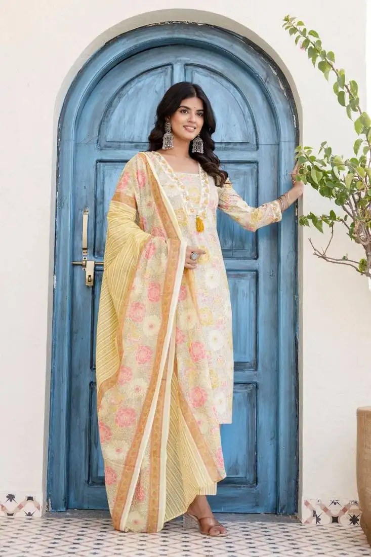 Beige women embroidered floral printed aline kurta pant with dupatta set