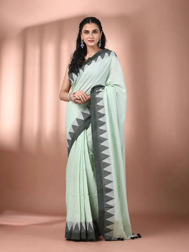 Tea green cotton handspun soft saree with tample borders
