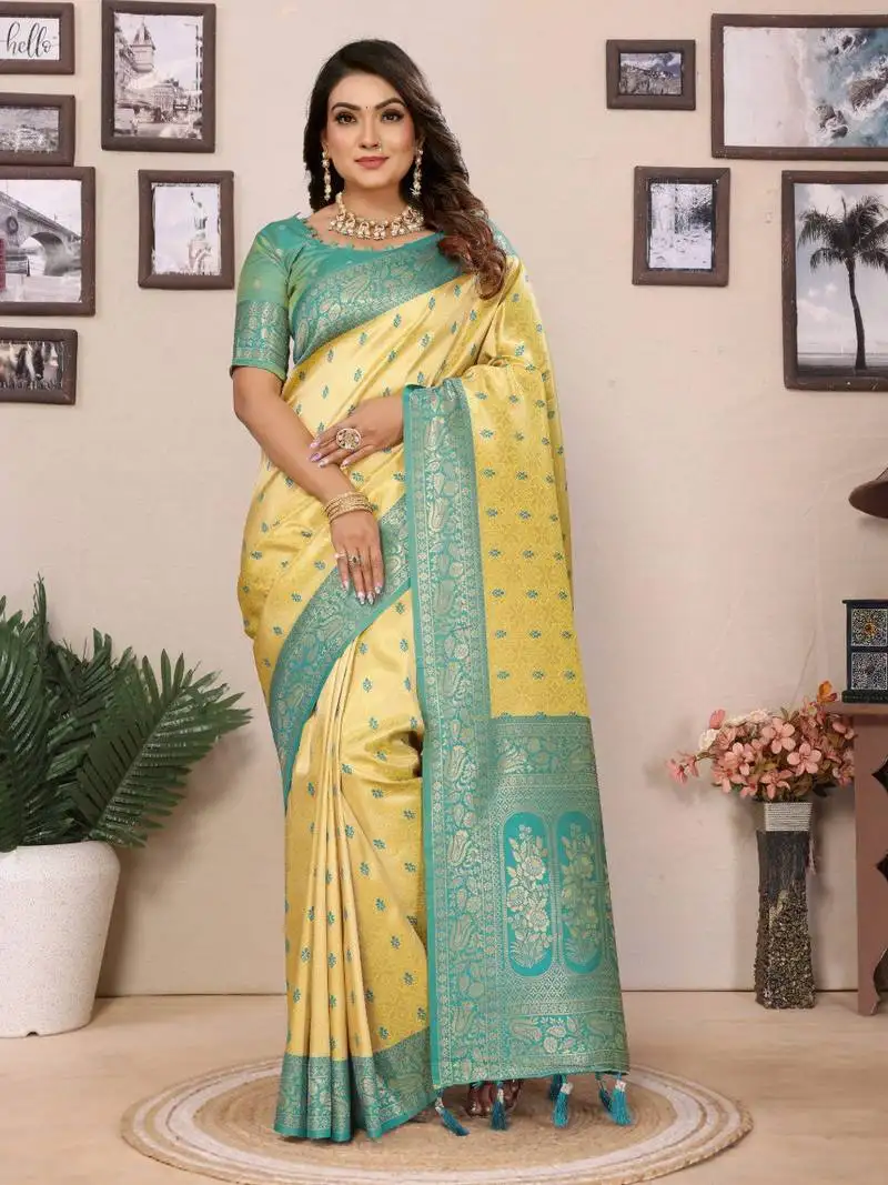 Yellow tissue silk blend saree with weaving zari work