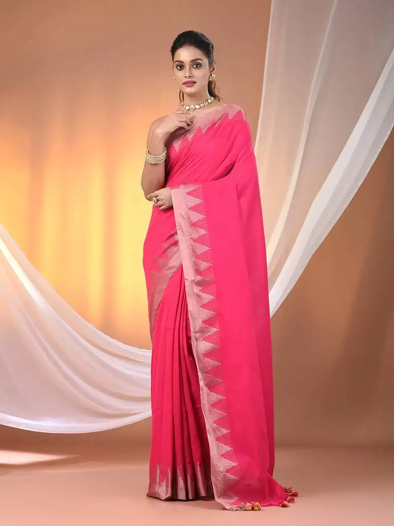 Pink cotton handspun soft saree with tample borders