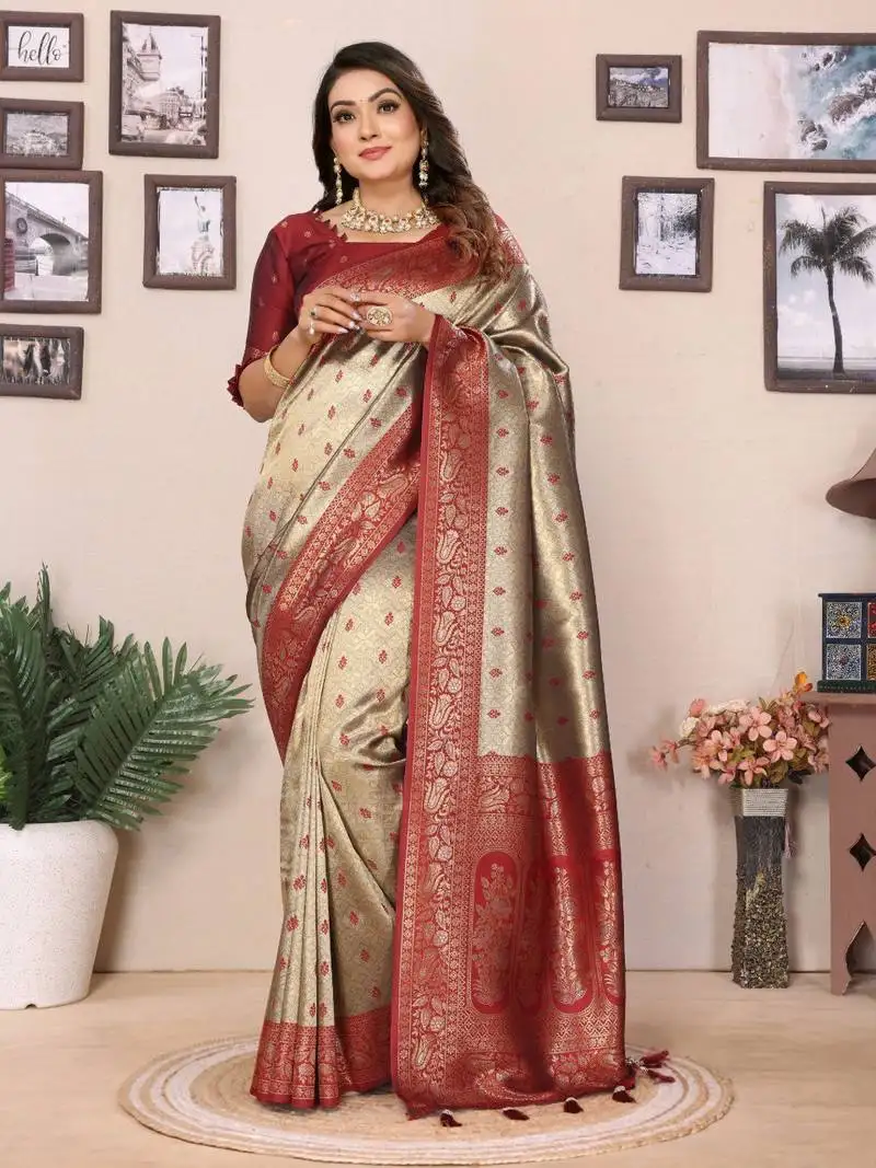 Beige tissue silk blend saree with weaving zari work
