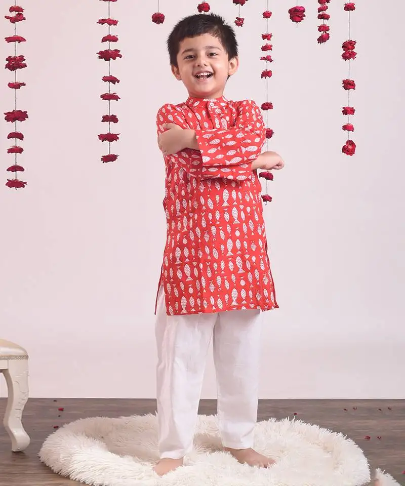 Red cotton woven boys kurta pyjama set