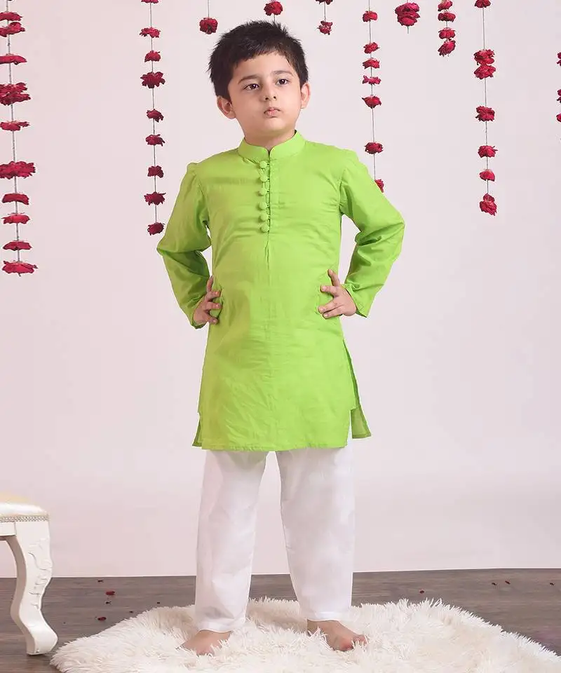 Green cotton woven boys kurta pyjama set