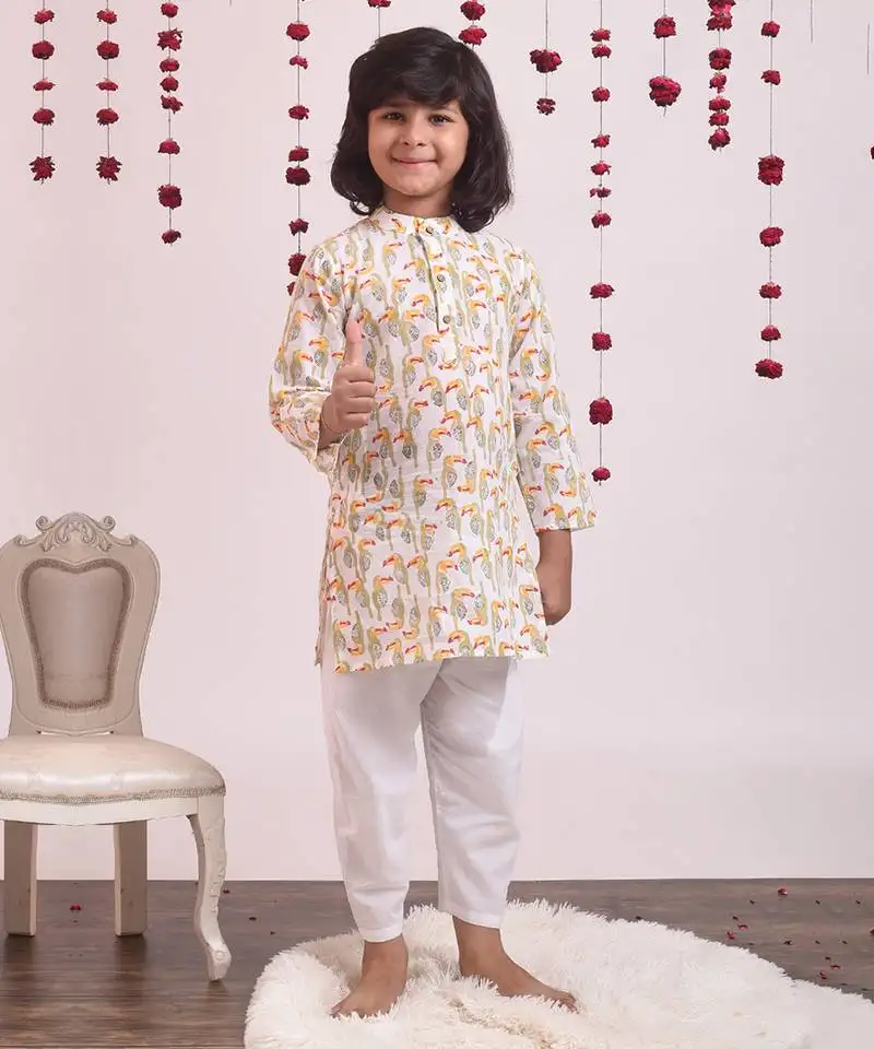 White cotton woven boys kurta pyjama set