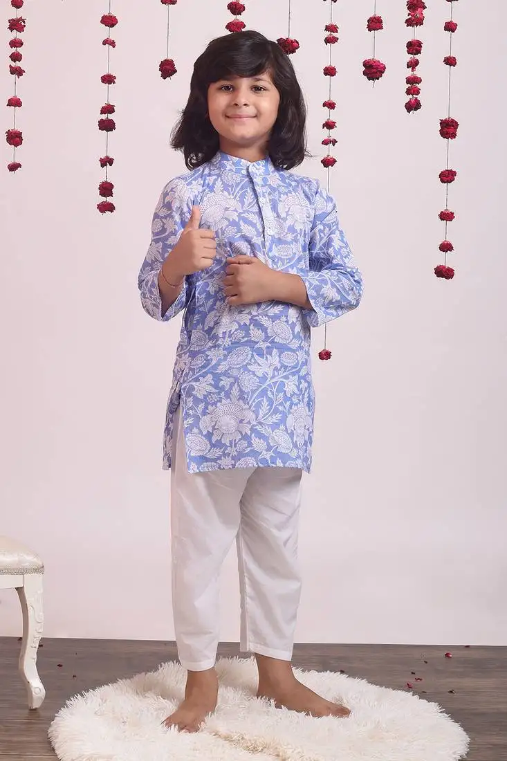 Blue cotton woven boys kurta pyjama set