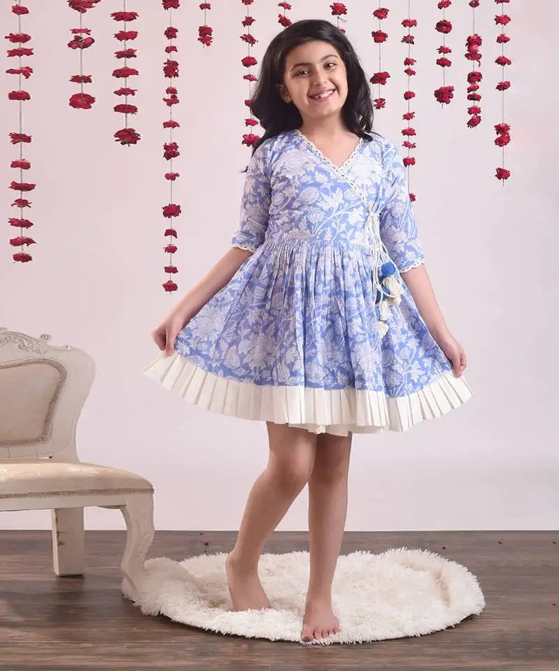 Blue cotton woven floral printed dress