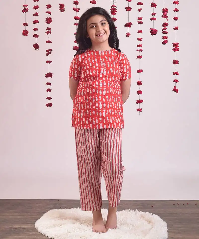 Red cotton woven girls top and pant set