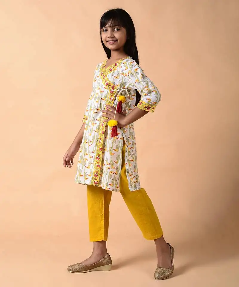 White cotton woven girls kurta pant set