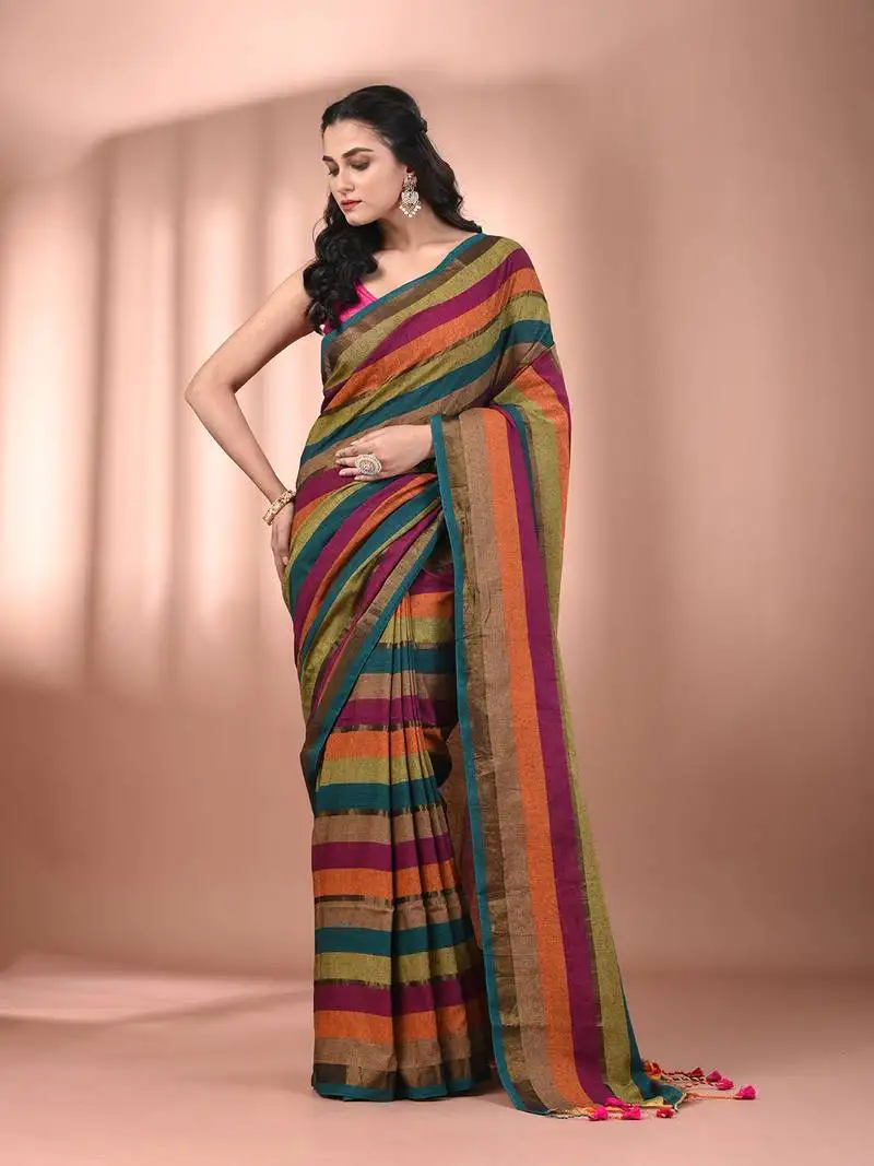 Multicolor cotton handspun colorblocked soft saree
