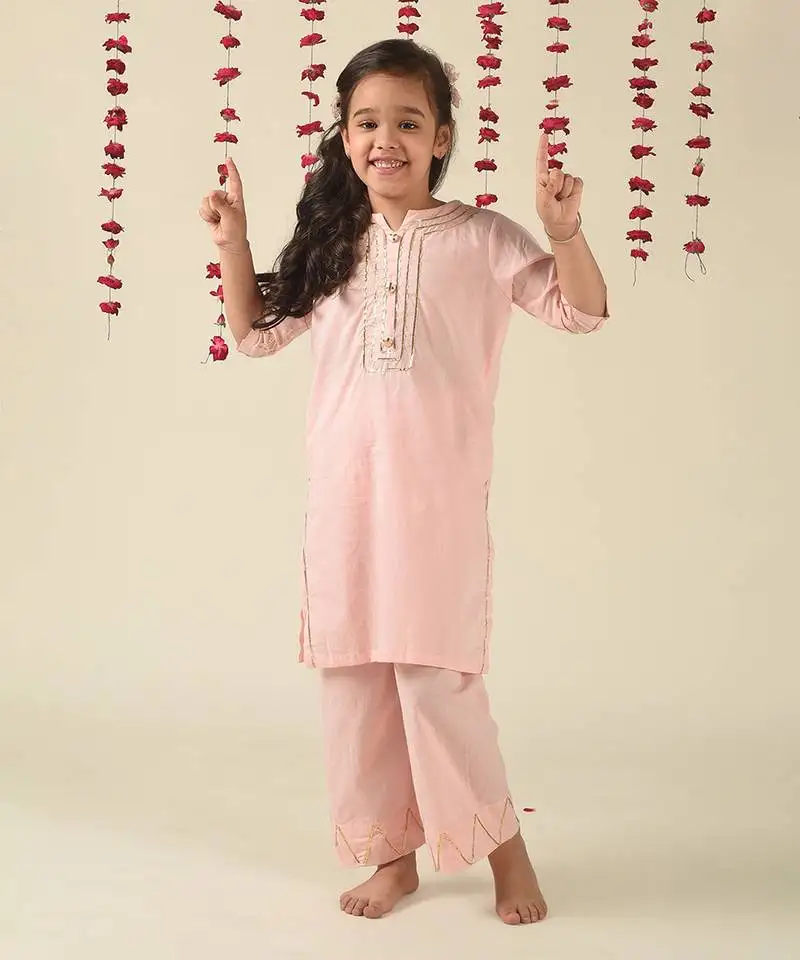 Pink cotton woven girls kurta pant set