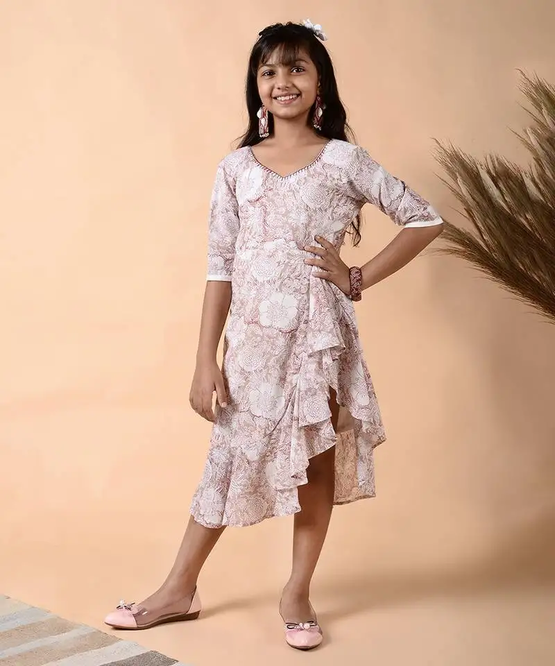 Beige cotton woven floral printed dress