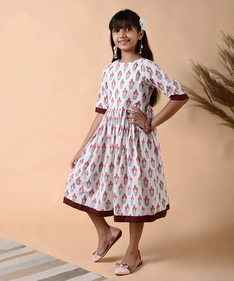 Maroon cotton woven floral printed dress