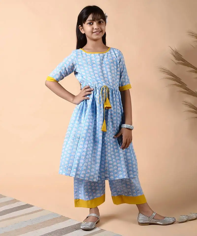 Blue cotton woven girls kurta pant set