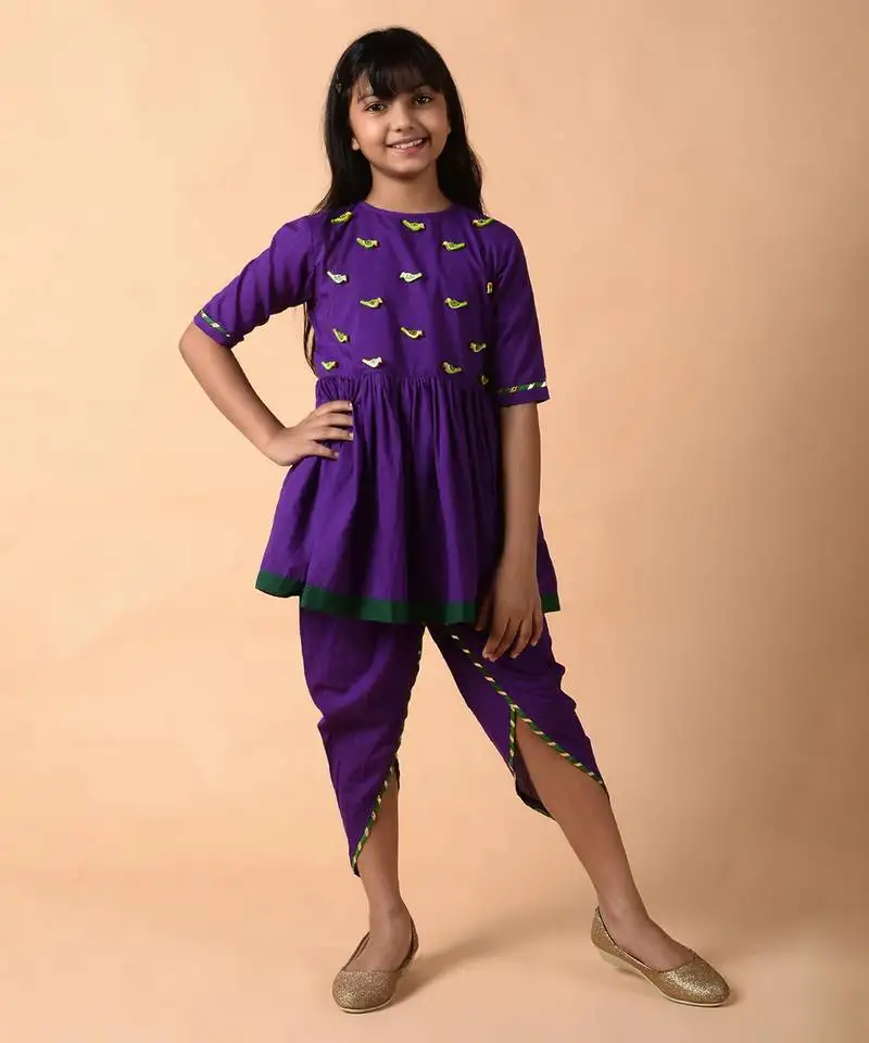 Violet cotton woven girls kurta pant set