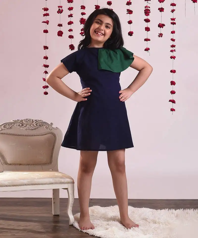 Navy cotton woven dress for girls