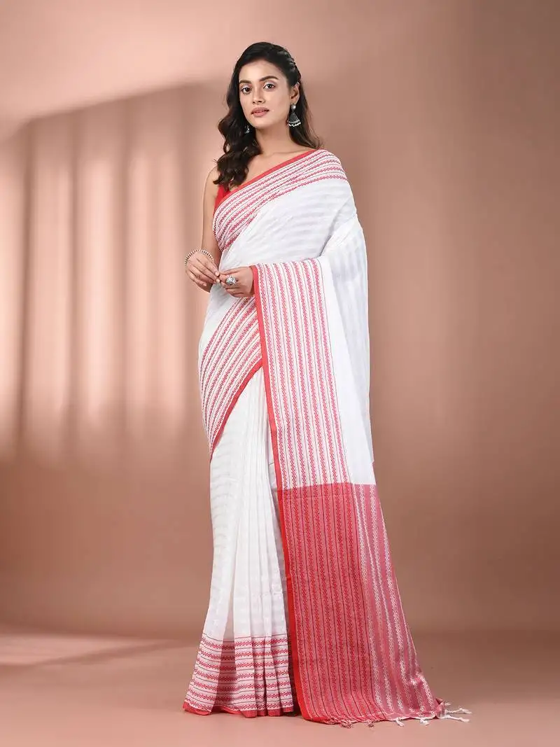 White cotton handspun soft saree with texture borders