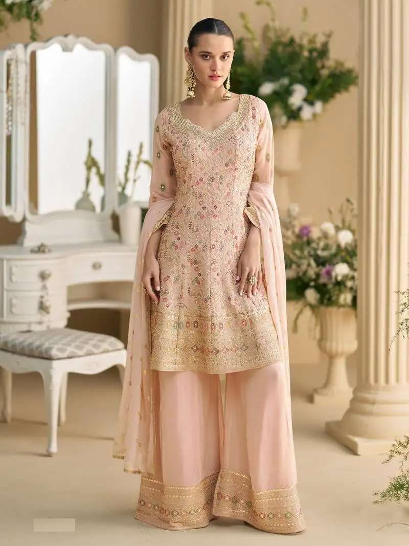 Peach embroidered georgette palazzo style salwar suit semi stitched
