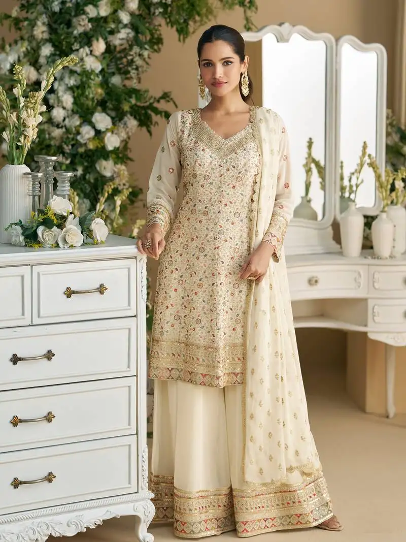 White embroidered georgette palazzo style salwar suit semi stitched