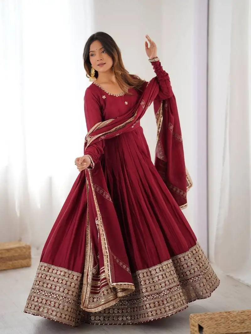 Maroon chinon anarkali set with heavy border & dupatta set stitched