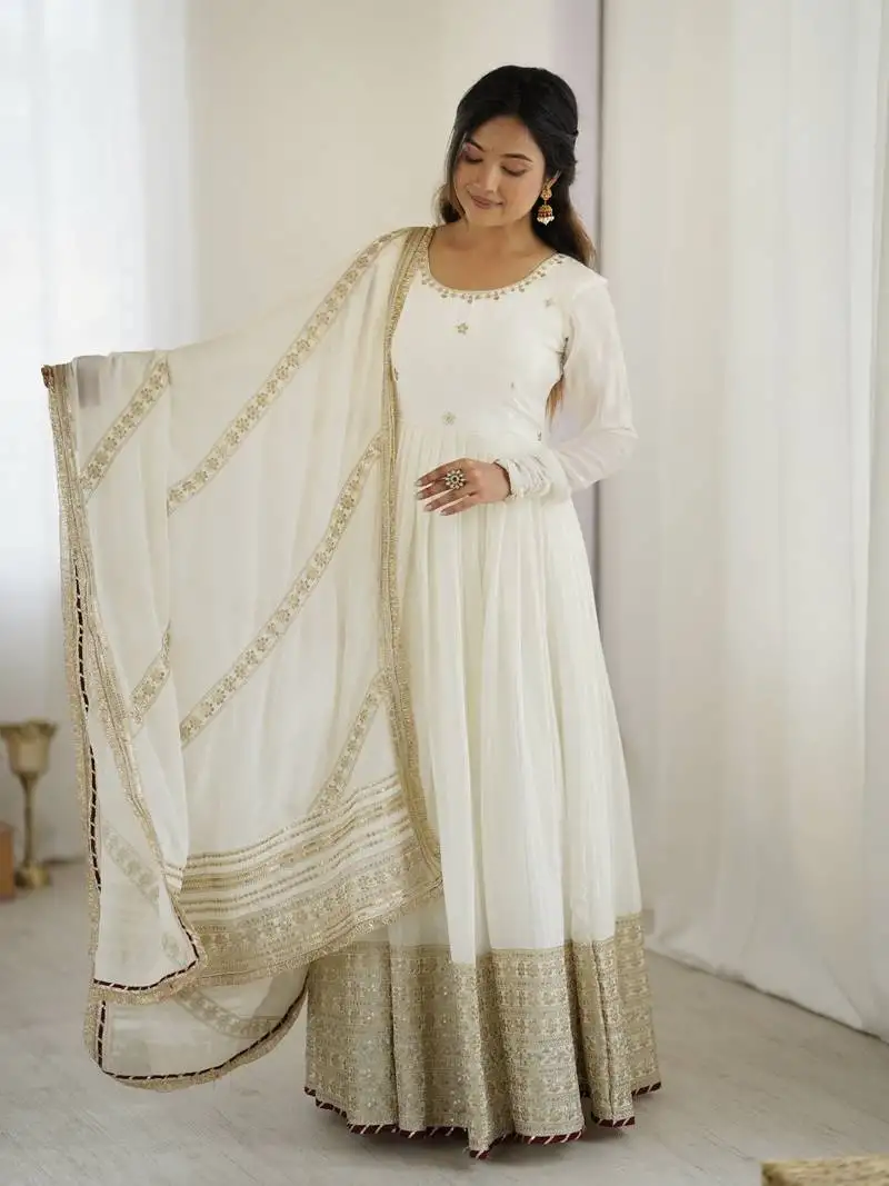 White chinon anarkali set with heavy border & dupatta set stitched