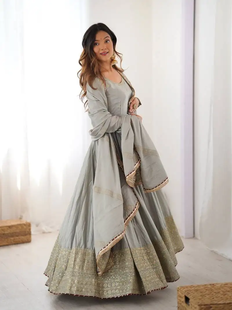 Grey chinon anarkali set with heavy border & dupatta set stitched