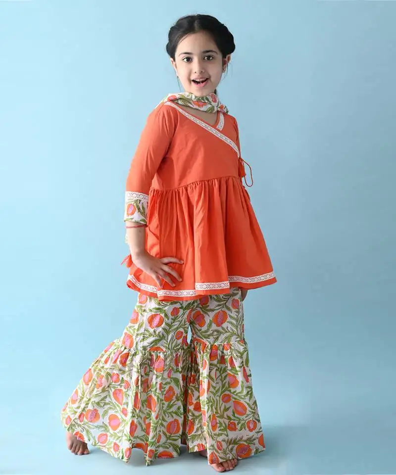 Orange cotton woven girls kurta pant set