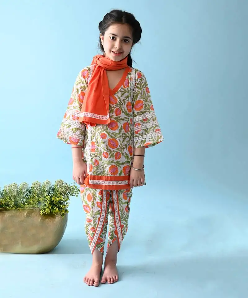 Orange cotton woven girls kurta & dhoti set