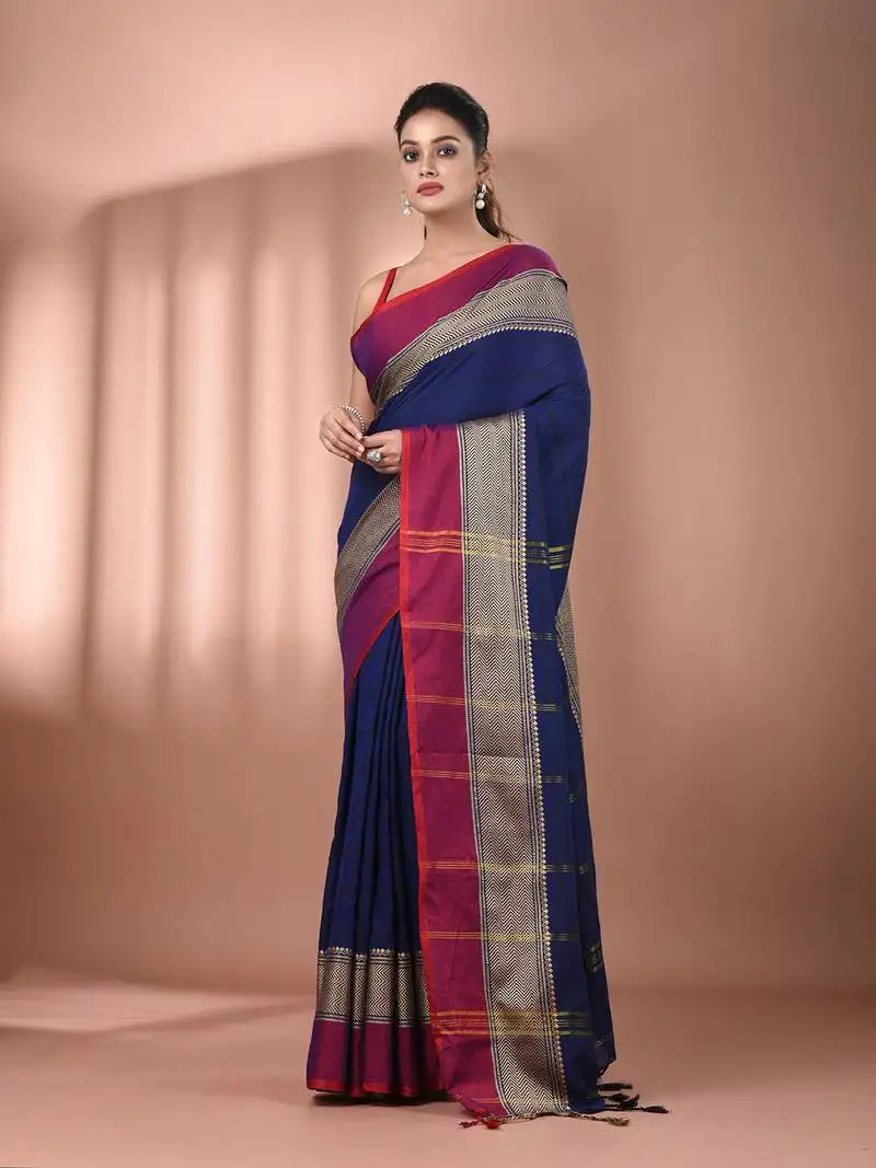 Navy blue cotton handspun soft saree with texture borders