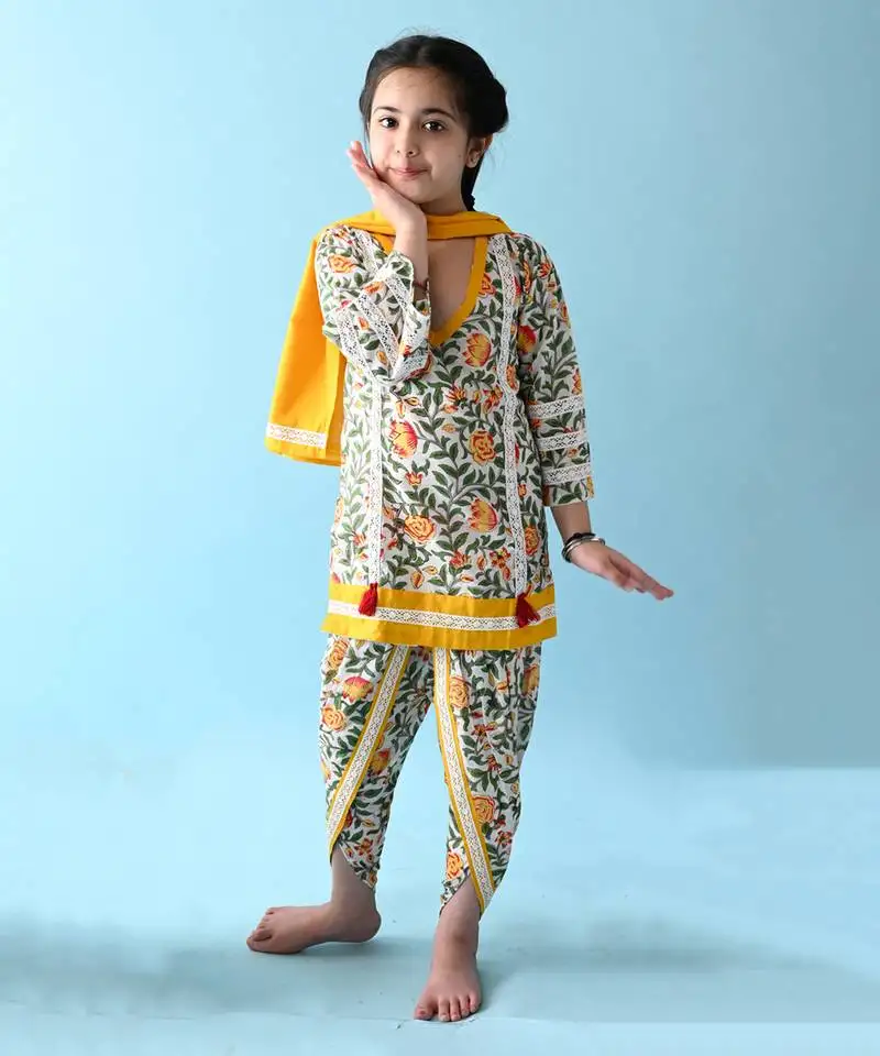 Yellow cotton woven girls kurta & dhoti set