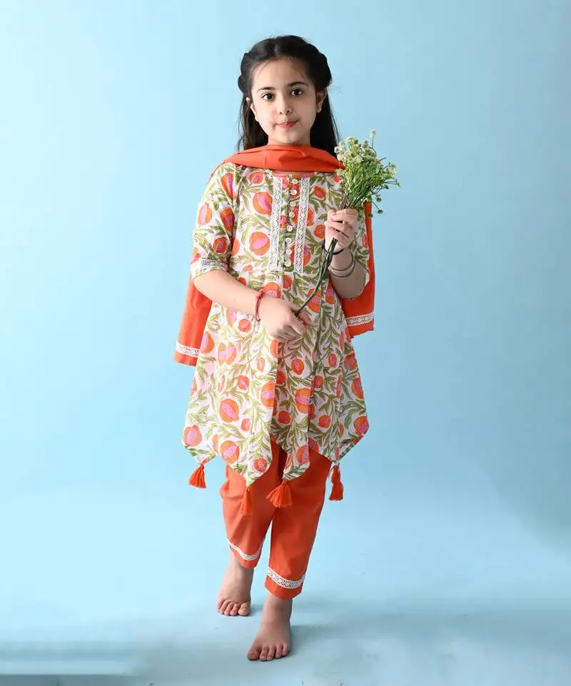 Orange cotton woven girls kurta & pant with dupatta